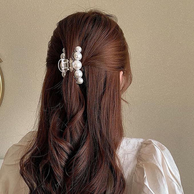 Pearl Hair Claw Clips - White Pearl Strong Hold Barrette Clips for Thick & Thin Hair (Style 2)