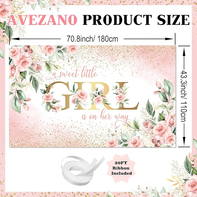 Avezano Girl Baby Shower Backdrop Pink Floral Sweet Baby Baby Shower Banner A - Image 3