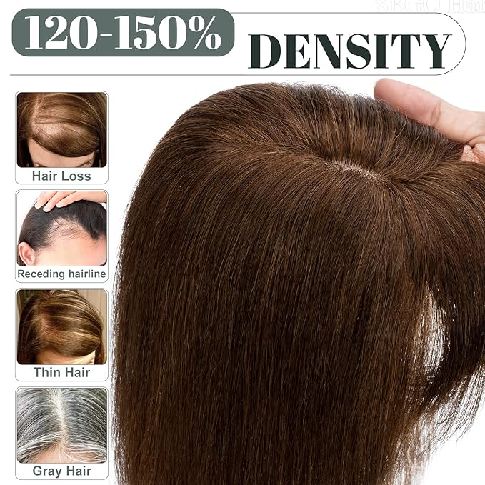 SEGO Hair Toppers for Women Real Human Hair with Thinning Hair, Toppers Hair Pieces Clip in Toppers Straight Hair Pieces with Front Bangs 150% Density Silk Base -12 Inch #4 Medium Brown