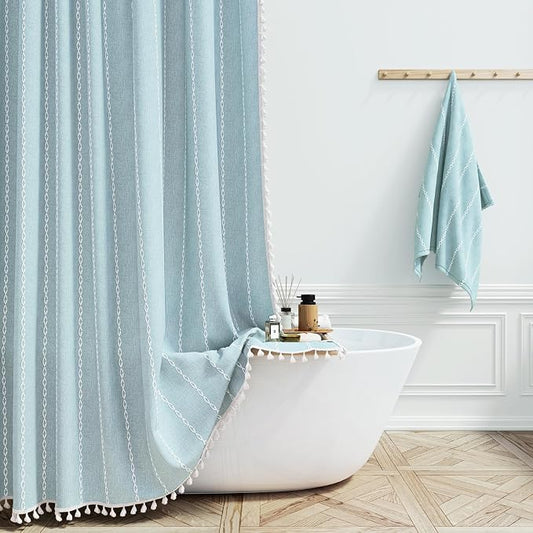 72x84 Long Boho Farmhouse Linen Heavy Duty Shower Curtain, Fog Blue | Tall Size by ShowerCurtain