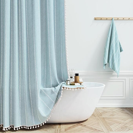 72x78 Long Boho Farmhouse Linen Heavy Duty Shower Curtain, Fog Blue | Tall Size by ShowerCurtain