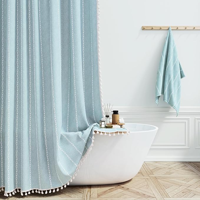 54x78 Boho Farmhouse Linen Heavy Duty Shower Curtain Set, Fog Blue | Narrow by ShowerCurtain