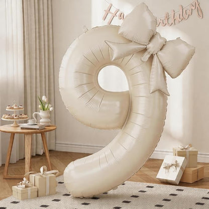 Beige Number 9 Balloons with Bow, 40 Inch Giant Self Inflating Cream Foil by KYGNE