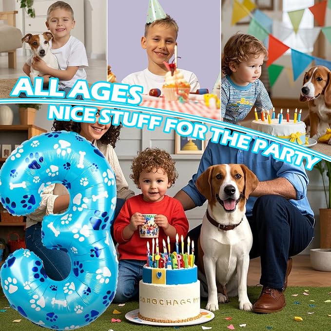 40 Inch Blue Dog Paw Birthday Balloons, Number 3 Balloons - Image 5