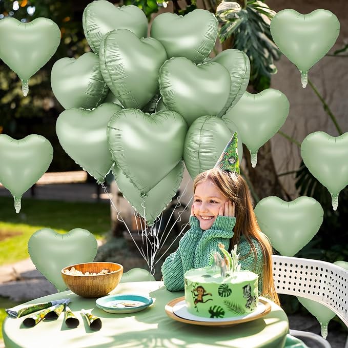 Sage Green Heart Foil Balloon, Light Green Heart Shaped Foil Balloons - Image 5