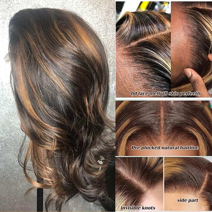 30 Inch Balayage 13x6 Ombre Lace Front Wig Human Hair Colored 1b/27 Honey Blonde Highlight Body Wave Lace Front Wigs Human Hair 200 Density HD Lace Frontal Wigs Pre Plucked Glueless Wigs for Women