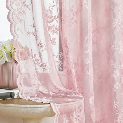 Baby Pink Lace Curtains 45 Inch Length 2 Panels set Romantic Flower Sheer by SEEKRIGHTHomeDecor
