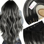 YoungSee 120G Wire Hair Extensions Ombre Black Human Hair Wire Extensions Black Ombre Silver Balayage Human Hair Fish Line for Women 16Inch