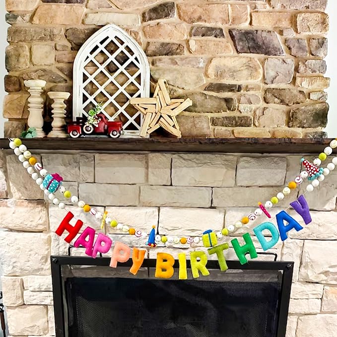 Pre-Strung Birthday Banner Handmade 3D Wool Felt Hats Rainbow Ball Garland | - Image 6