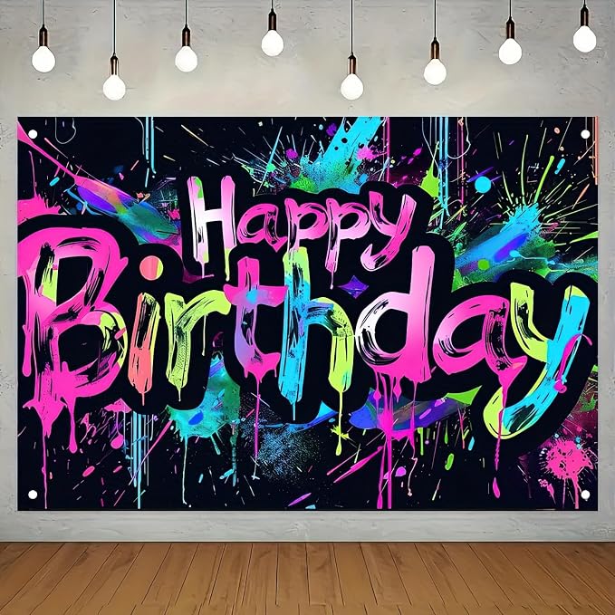 HOMETITUTE Neon Happy Birthday Banner 71x43 Inch Photography Backdrops | Glow - Image 2