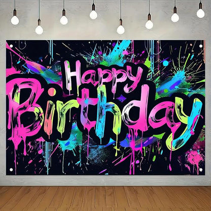 HOMETITUTE Neon Happy Birthday Banner 71x43 Inch Photography Backdrops | Glow - Image 2