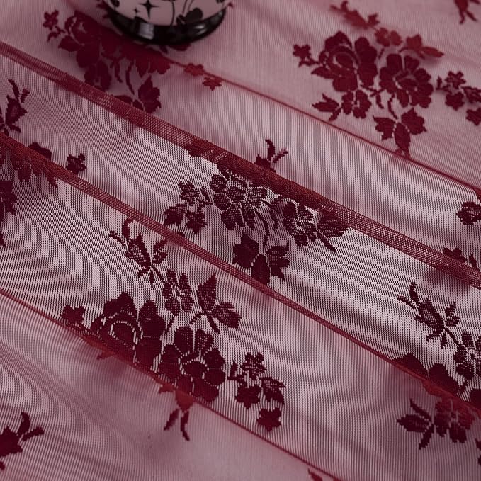 Kotile Burgundy Lace Curtains for Small Windows W42 x L36 Inch, 2 Panels | Rod - Image 8