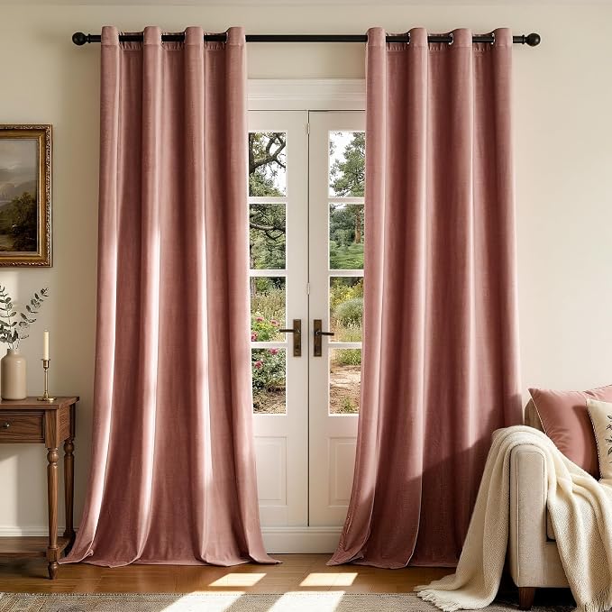 BULBUL Velvet Dusty Pink Blackout Curtains 90 inch Long by ModernShinyVelvetCurtains