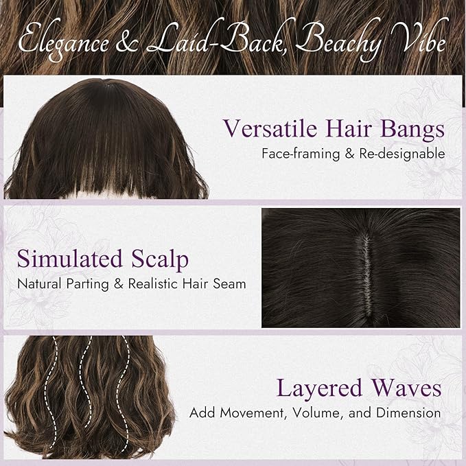 BARSDAR Short Wavy Wig with Bangs - Short Wavy Brown Blonde Highlights Wig for Women - Fluffy Soft Synthetic Curly Textured French Bob Wigs with Bangs Natural Looking Face-Framing Daily