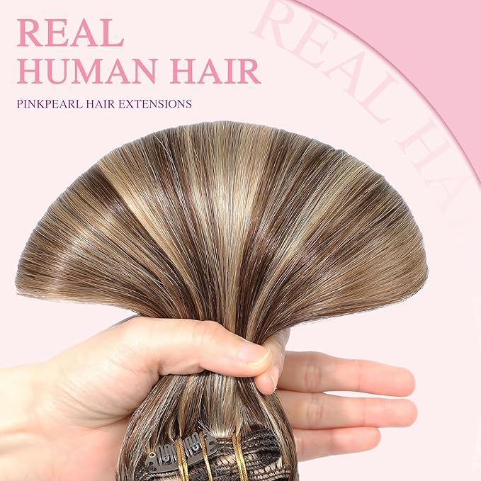 PINKPEARL Clip in Hair Extensions Human Hair 18inch 120g 7pcs Remy Human Hair Extensions Clip in #4P27 Chocolate Brown Highlighted Caramel Blonde Clip Hair Natural Human Hair(#4P27-18)