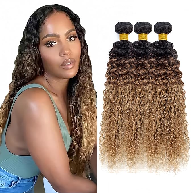 Ombre Brown Bundles Human Hair T1B/4/27 Water Wave Bundle Niegmeag Peruvian Virgin Remy Hair 3 Bundles 22 24 26 Inch 3 Tone Brown and Honey Blonde Bundle