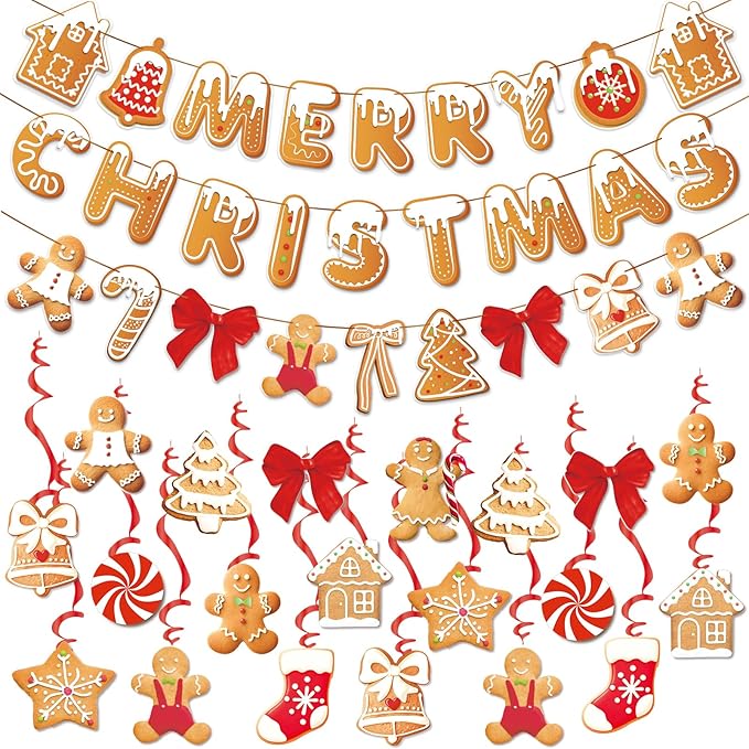 Merry Christmas Banners Gingerbread Theme, Pre-Strung Xmas Party Decorations by OBBOLO