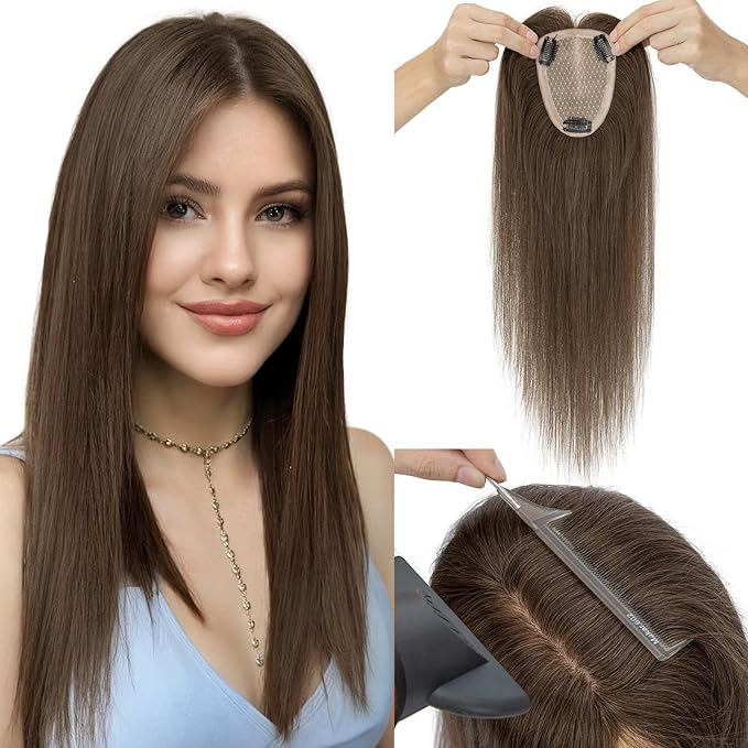 Hairro Human Hair Toppers Free Parted, 3.5x4.7" Base Hand-wovened 100% Real Hairpieces, with Invisible Clips-in for Women, for High Hairline/Adding Volume on Top, 12 Inch Cocoa Brown