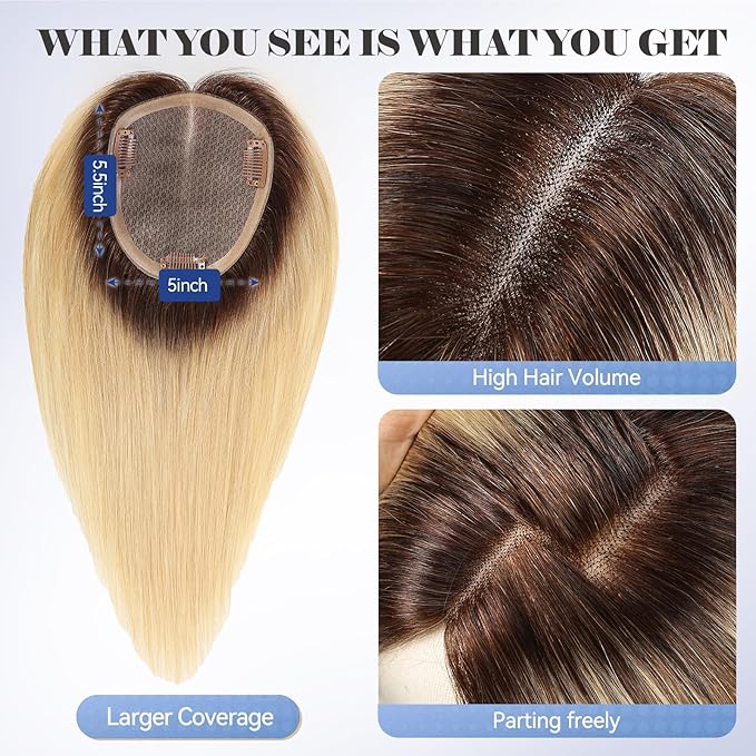 HAIRCUBE Hair Toppers 100% Real Human Hair,Ombre Light Blonde, 5.5"*5"MONO Large Base, 56g Hand-moven Real Human HairToppers for Women with ThinningHair