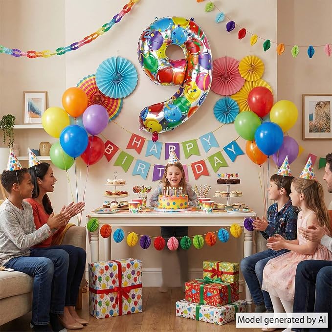 Rainbow Number 9 Balloon, 40 Inch Large Foil Helium Number Balloons 0-9 - Image 7