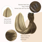 GOO GOO Clip in Hair Extensions Real Human Hair, Remy Human Hair Extensions Clip ins for Women, Natural Human Hair, 18inch 130g 7Pcs, 3/8/613 Balayage Walnut Brown to Ash Brown and Bleach Blonde