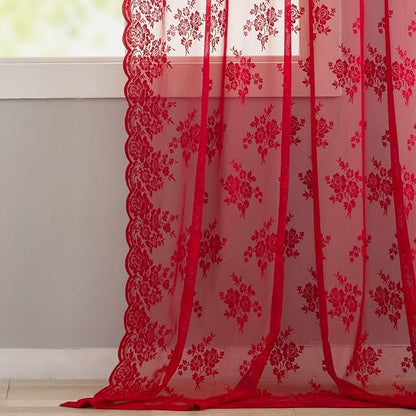 Kotile Red Lace Curtains for Living Room Rustic Floral 52x84 Inch, 2 Panels | - Image 4
