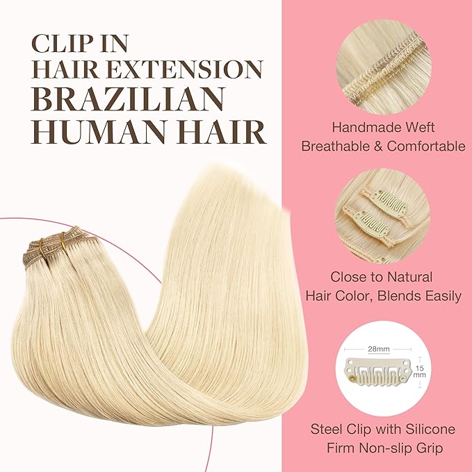 GOO GOO Clip in Hair Extensions Real Human Hair, Remy Human Hair Extensions Clip ins for Women, Natural Human Hair, 22inch 120g 7Pcs, 613R Bleach Blonde