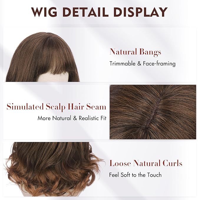 Wig with Bangs for Women | 16 Inch Layered Body Wave Synthetic Wig | Heat Resistant Yaki Fiber Natural Looking Shoulder Length Wigs | Synthetic Wig for Daily Wear - Auburn Mix Dark Brown