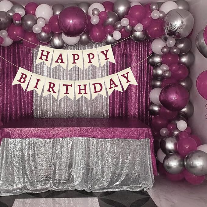 Burgundy Happy Birthday Banner Pre-strung Burlap Bunting Party Backdrop Sign - Image 4