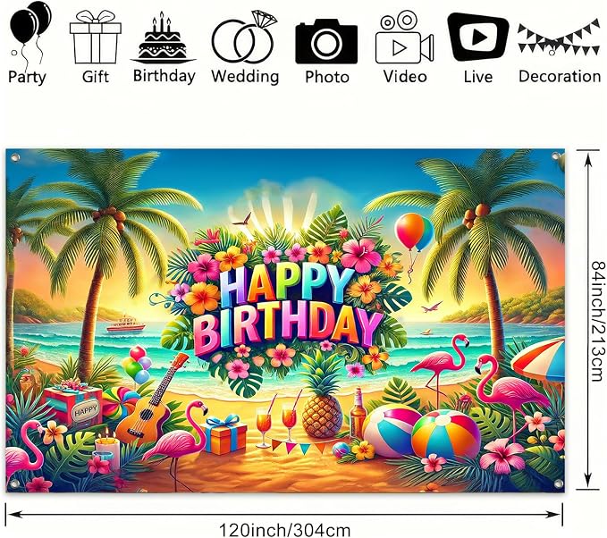 BlissYard Beach Hibiscus Polyester Birthday Banner 71x43 Inch Decor | Polyester - Image 3