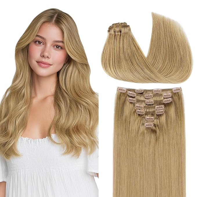 GOO GOO Clip in Hair Extensions Real Human Hair, Remy Human Hair Extensions Clip ins for Women, Natural Human Hair, 18inch 120g 7Pcs, 7 Bronde
