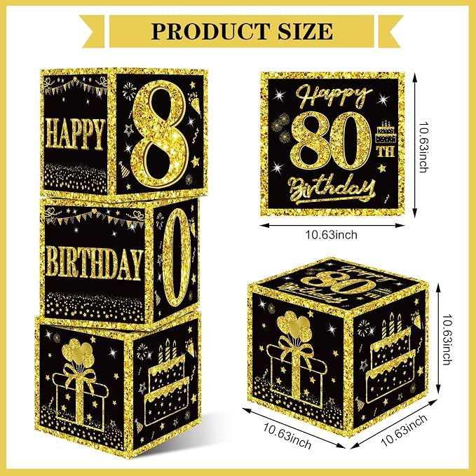 Eiurteao 3pcs Black Gold 80th Birthday Decorations Boxes - Image 2