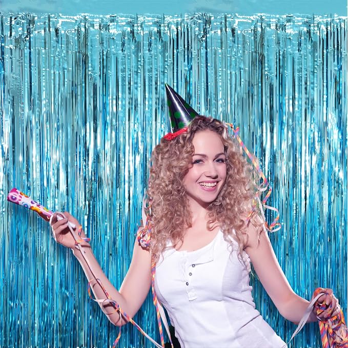 Voircoloria Light Blue Foil Fringe Backdrop Curtains, 2 Pack | Tinsel Streamers - Image 6