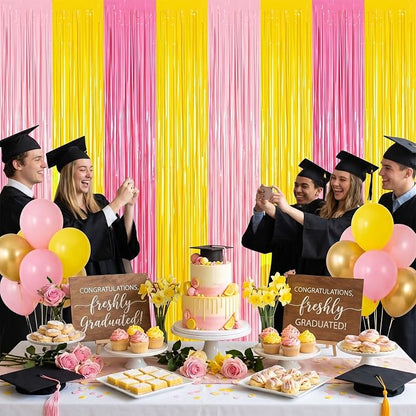 Frienda 4pcs Pink and Yellow Party Decorations 6.6ft Fringe Curtains Party - Image 3