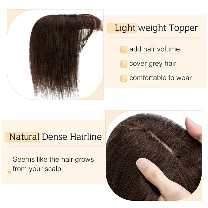 SEGO Hair Toppers for Women Real Human Hair With Bangs, 7 * 13CM Silk Base 100% Remy Human Hair Clip in Top Wiglet Hairpieces Add Volume //12 Inch Dark Brown