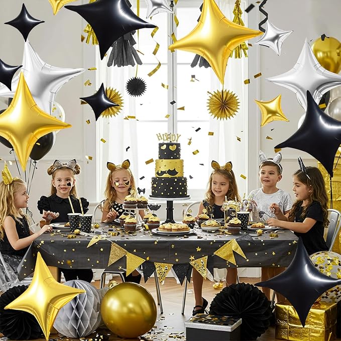 TONIFUL 30Pcs Four Pointed Star Balloon Black Gold Silver Foil Balloon | - Image 4