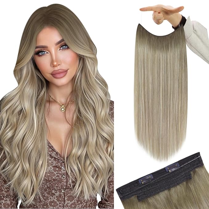 YoungSee 120G Wire Hair Extensions Ombre Blonde Hair Extensions Invisible Wire Balayage Ash Blonde Ombre Platinum Blond One Piece Human Hair Extensions Thick Straight Hair 16Inch