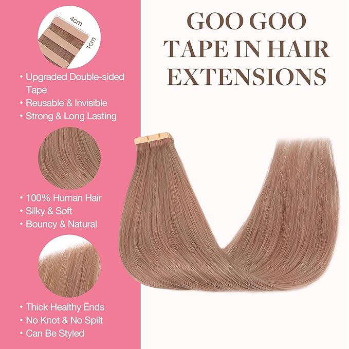 GOO GOO Tape in Hair Extensions Human Hair, 15 Velvet Mocha, 16inch 50g 20pcs, Skin Weft Seamless Invisible, Silky Straight with Thick Ends, Remy Human Hair