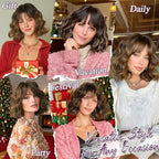 BARSDAR Short Wavy Brown Highlight Wig with Bangs - Short Brown Highlights Wigs for Women - Curly Wavy Textured French Bob Wig with Bangs Soft Synthetic Natural Looking Face-Framing Daily Party