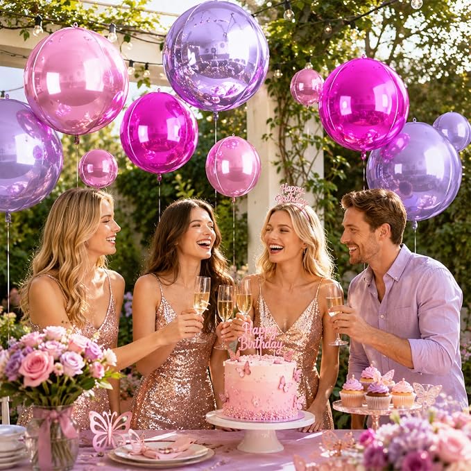 Biapian Pink and Purple Round Balloons Foil, Metallic Hot Pink Purple Balloons - Image 3
