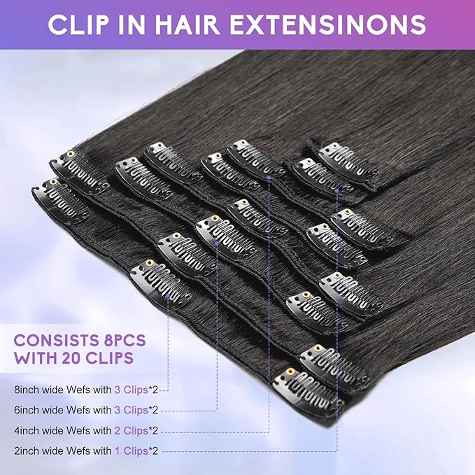 Clip in Hair Extensions Real Human Hair, 20 Inch 105g, 1B Natural Black, Invisible Seamless Straight Remy Human Hair Extensions Cip ins for Women 8pcs Per Set with Double Weft