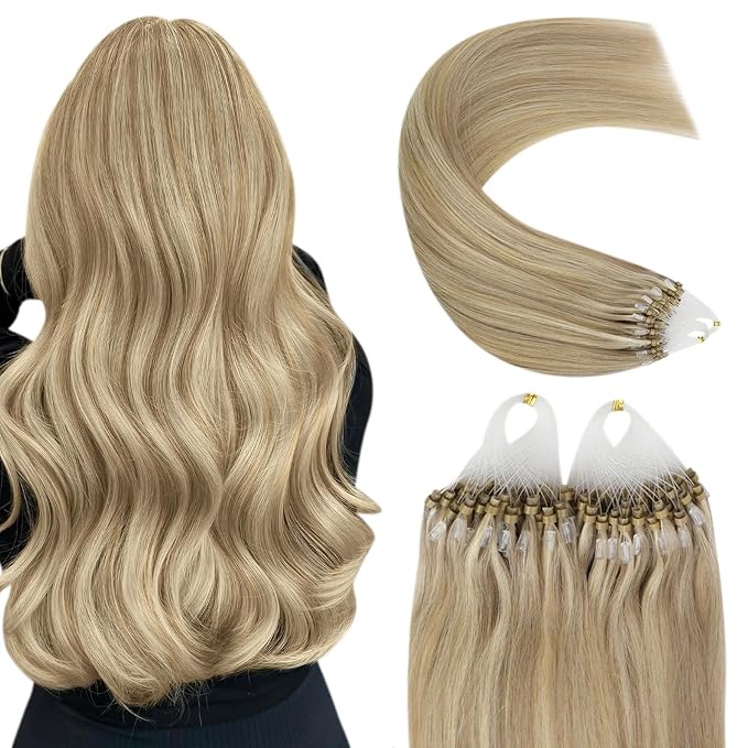 YoungSee Micro Link Hair Extensions Human Hair Blonde Microbead Hair Extensions Human Hair Golden Blonde Highlight Micro Ring Hair Extension 18In 50g 50s Beads Hair Extension Remy Hair for Wedding