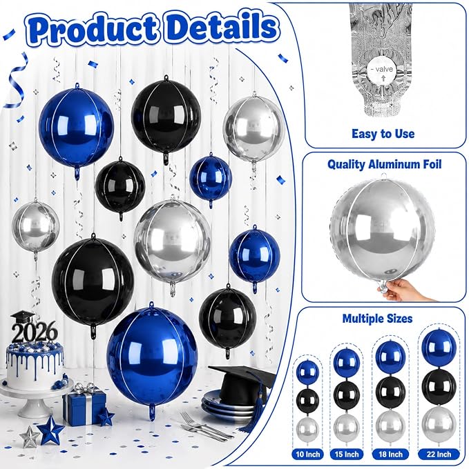 Blue Silver Black Round Balloons Foil, Metallic Blue Silver Balloons - Image 3