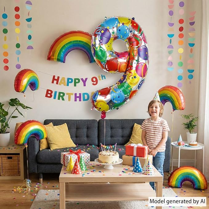 Rainbow Number 9 Balloon, 40 Inch Large Foil Helium Number Balloons 0-9 - Image 2