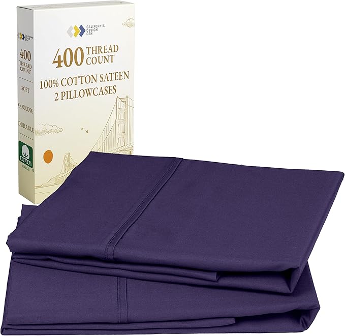 California Design Den Standard Queen Size Pillowcase Set - 400 Thread Count, 100% Cotton Sateen, Set of 2 Pillow Covers, Soft and Breathable - Dark Purple