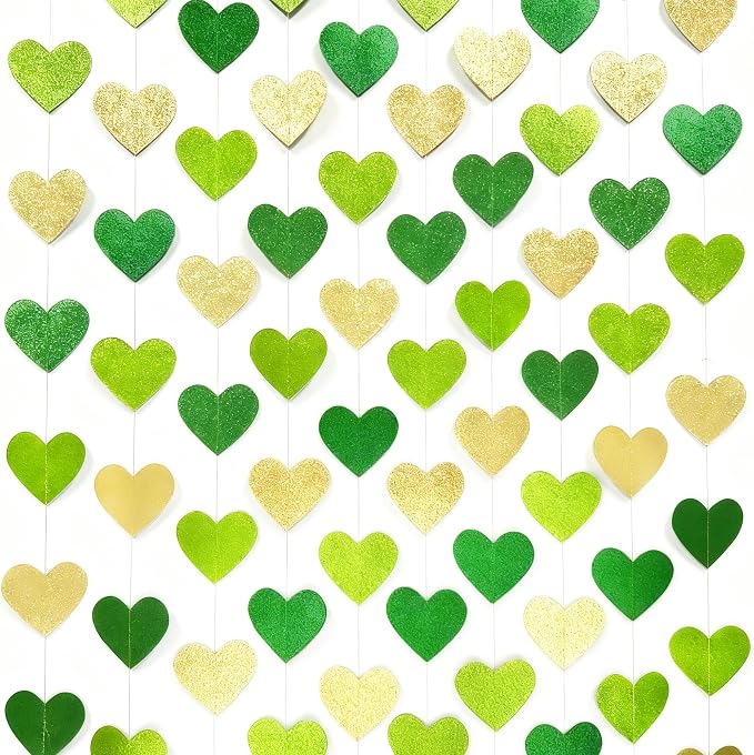 Gold and Green Heart Party Decorations Glitter Paper Love Heart Hanging Banner - Image 3