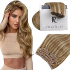 RUNATURE Real Hair Extensions Clip in Human Hair, 24 Inch Clip in Hair Extensions Real Human Hair, Long Remy Natural Hair for Women Easy Styling 135g 7pcs #10P16 Dark Blonde HIghlight Caramel Blonde