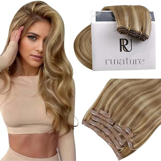 RUNATURE Clip in Hair Extensions Real Human Hair 150g 7pcs Dark Blonde Clip in Hair Extensions 24 Inch Long Straight Hair Can Be Styled #10P16 Dark Blonde Highlight Caramel Blonde