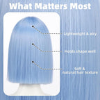 Allbell Light Blue Wigs for Women Short Bob with Bangs Heat Resistant Synthetic Hair 12 inch for Daily Party Halloween Costume Use