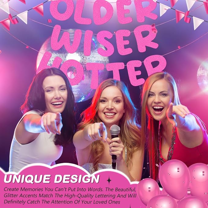 Fulmoon Set of 3 Pre Strung Older Wiser Hotter Glitter Banner Funny Birthday - Image 4